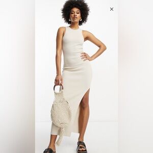 ASOS Tall Knitted Racer Midi Dress in Stone